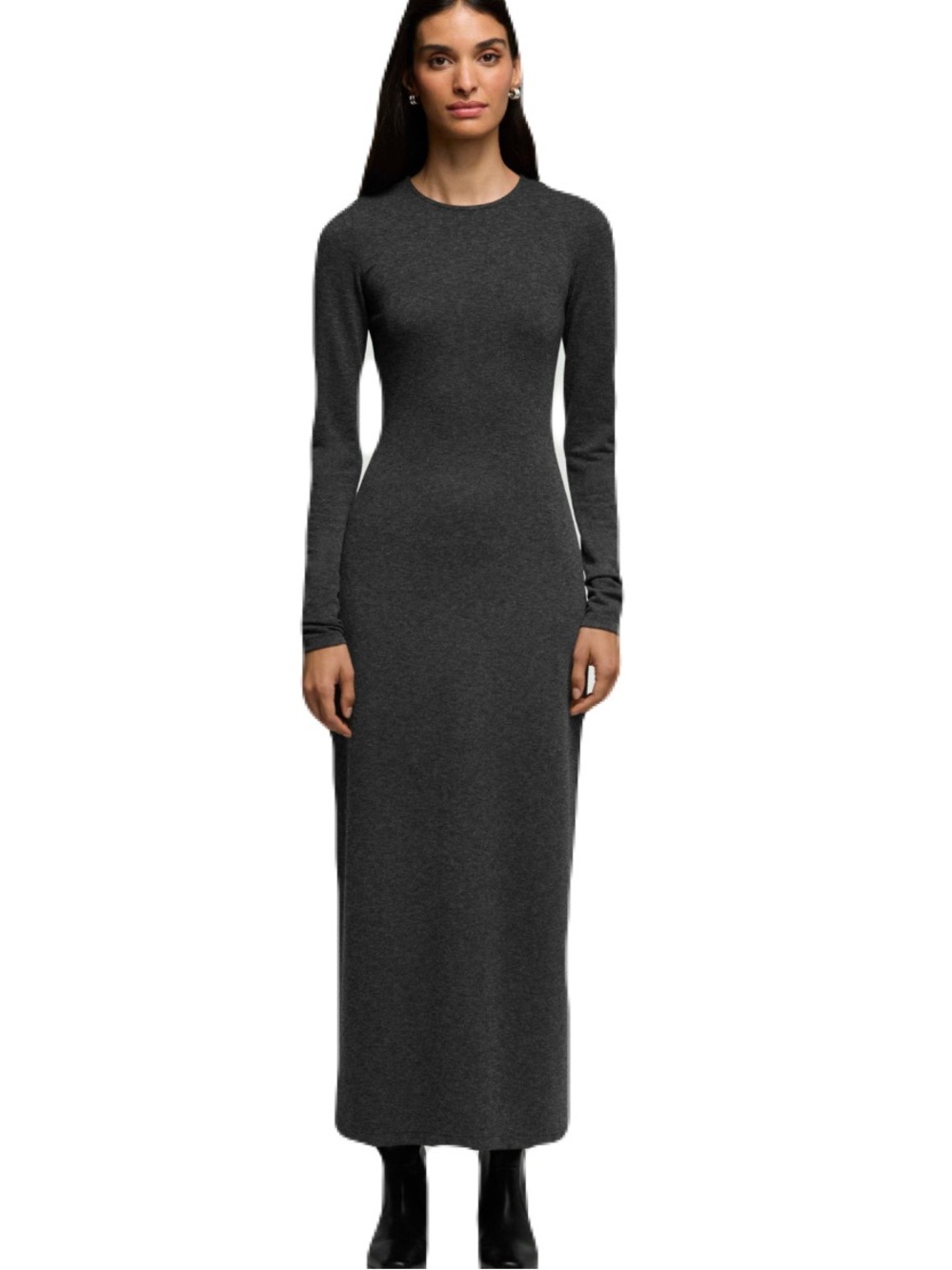Something Navy Long Sleeve Crewneck Midi Dress - Charcoal Gray